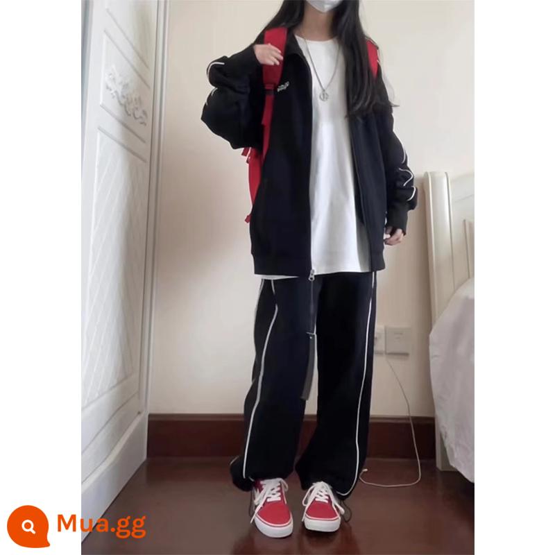 Ootd Mỹ mùa thu thể thao giản dị phù hợp với phụ nữ dáng rộng giảm béo đường phố có mũ áo nỉ ống rộng quần 2 bộ - bộ đồ đen