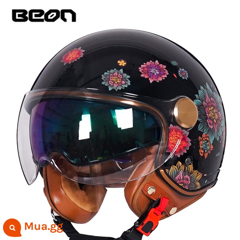 Beon Xe Máy Nam Nữ Đôi Ống Kính Xe Máy Retro Harley Xe Điện Mùa Đông Ấm Mũ Bảo Hiểm Nửa Bốn Mùa - Màu đen sáng / hoa (gửi ống kính dài)