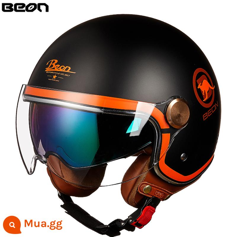 Beon Xe Máy Nam Nữ Đôi Ống Kính Xe Máy Retro Harley Xe Điện Mùa Đông Ấm Mũ Bảo Hiểm Nửa Bốn Mùa - Màu cam/kangaroo đen mờ (gửi ống kính dài)