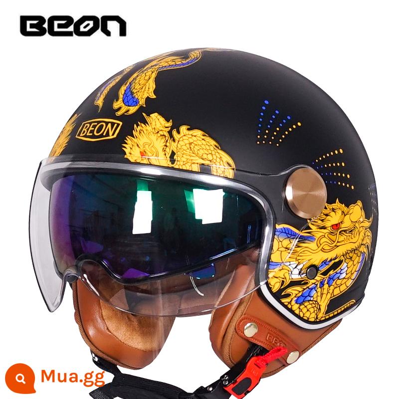 Beon Xe Máy Nam Nữ Đôi Ống Kính Xe Máy Retro Harley Xe Điện Mùa Đông Ấm Mũ Bảo Hiểm Nửa Bốn Mùa - Màu đen mờ/vàng (đi kèm với ống kính dài)