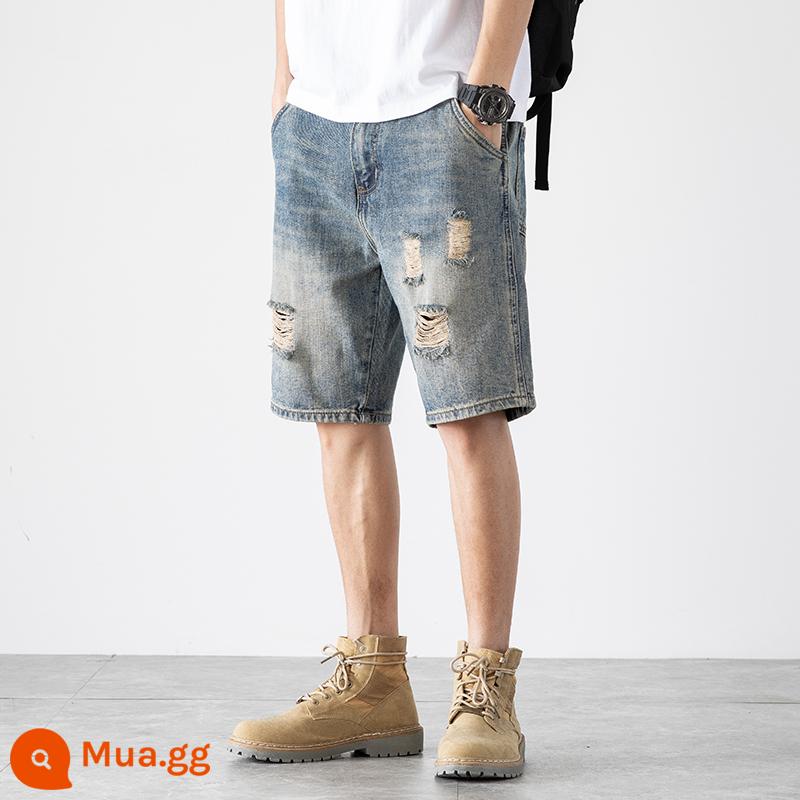 Quần short denim năm điểm phiên bản Hàn Quốc của lỗ rộng mỏng mùa hè mỏng phần bảy điểm quần âu retro cỡ lớn hợp thời trang - 280 màu xanh