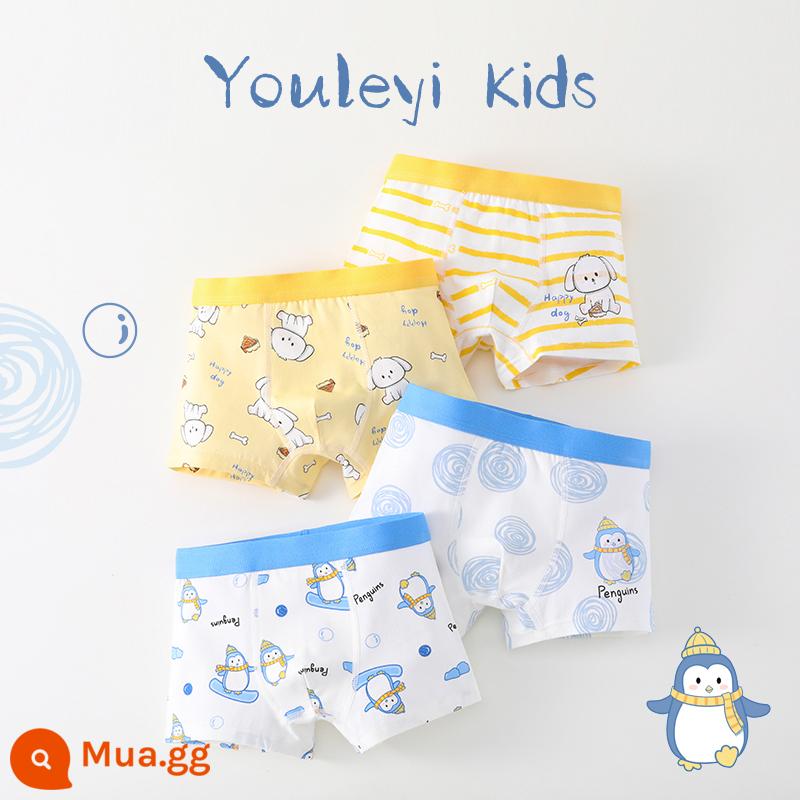 Quần lót bé trai cotton nguyên chất, quần đùi bé trai, cotton nguyên chất trẻ em, quần boxer an toàn bé trai vừa và lớn 100% - G007 Ski Penguin-4 Gói [Phong cách Cotton nguyên chất không xương chải kỹ]