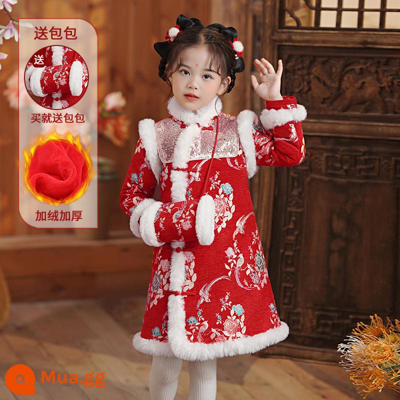 Hanfu mùa đông quần áo đêm giao thừa cho bé gái Trang phục cổ mùa đông Trang phục mùa thu và mùa đông trẻ em Váy phong cách Trung Quốc Tết nguyên đán Tang Suit - Kẹp tóc + túi màu đỏ 2379