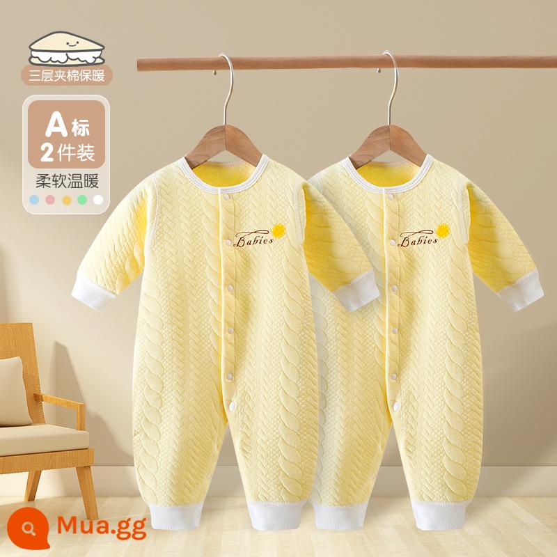 Bé sơ sinh áo liền quần cotton nguyên chất quần áo mùa đông ấm chần bông quần áo mùa đông thu đông phù hợp với bé sơ sinh áo liền quần - 2 cái (vàng + vàng)