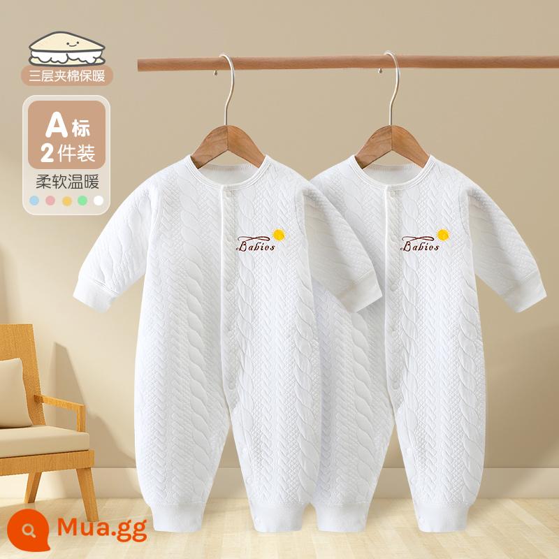 Bé sơ sinh áo liền quần cotton nguyên chất quần áo mùa đông ấm chần bông quần áo mùa đông thu đông phù hợp với bé sơ sinh áo liền quần - 2 cái (trắng + trắng)