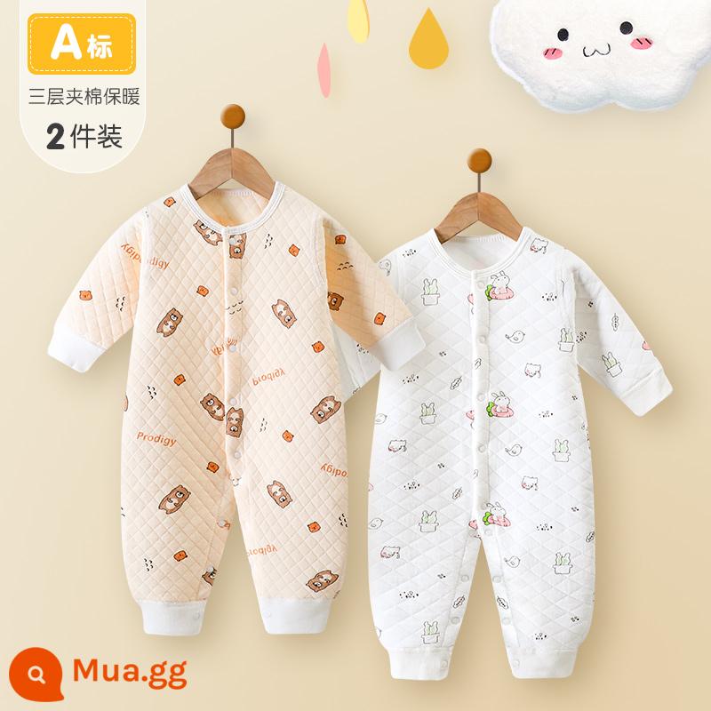 Bé sơ sinh áo liền quần cotton nguyên chất quần áo mùa đông ấm chần bông quần áo mùa đông thu đông phù hợp với bé sơ sinh áo liền quần - 2 miếng (gấu nhỏ + thỏ)