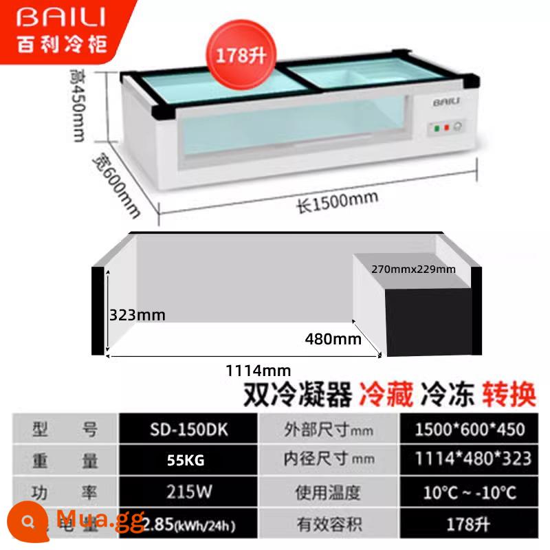 Baili tủ đông để bàn tủ lạnh trưng bày thịt nướng xiên chiên giữ tươi đông lạnh tủ lạnh ba bánh ngang nhỏ - Dài 1,5 mét và 60 đèn LED được làm lạnh và đông lạnh/cửa sổ bên