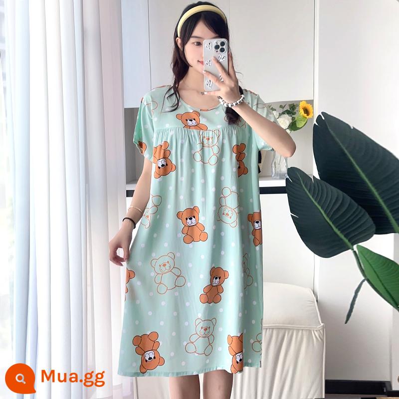 Phiên bản Hàn Quốc của váy ngủ cotton lụa dài tay nữ đồ ngủ ngắn tay cộng với kích thước mùa hè quần áo mặc ở nhà bằng cotton nhân tạo rộng rãi và thoải mái - Ý Tưởng Gấu Xanh