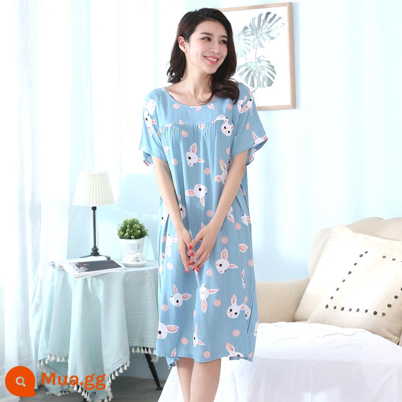 Phiên bản Hàn Quốc của váy ngủ cotton lụa dài tay nữ đồ ngủ ngắn tay cộng với kích thước mùa hè quần áo mặc ở nhà bằng cotton nhân tạo rộng rãi và thoải mái - thỏ xanh