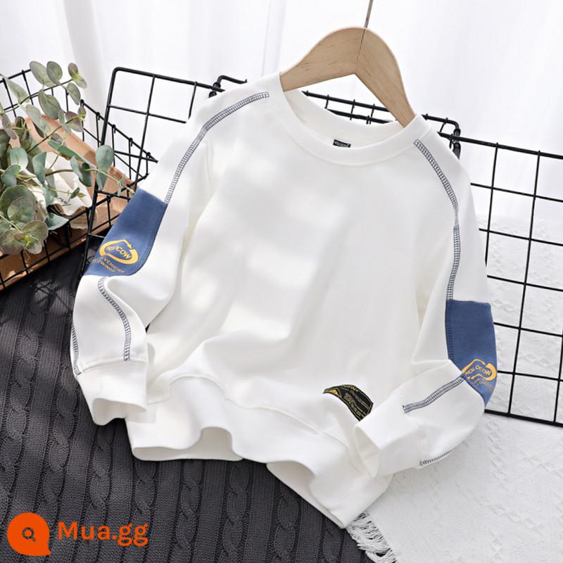 Áo sơ mi cotton nguyên chất cho trẻ em mùa xuân và mùa thu áo chui đầu mới cho bé trai và bé gái áo sơ mi cổ tròn thời trang phù hợp với tất cả quần áo trẻ em phong cách nước ngoài - Trắng