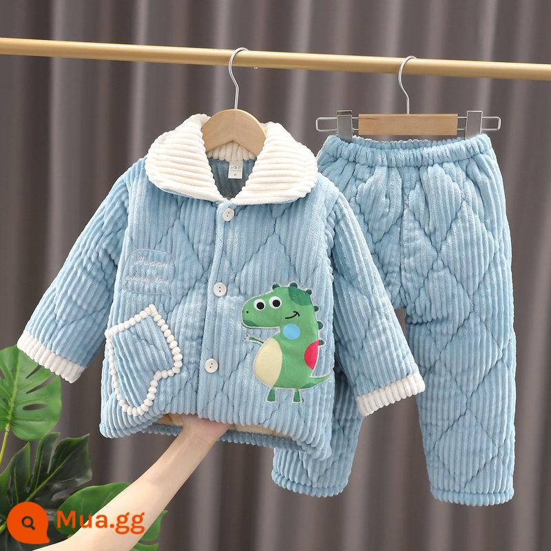 Bộ đồ ngủ trẻ em mùa đông bé trai 3 lớp chần bông flannel Plus nhung dày bé san hô nỉ bé trai nhà quần áo - trời xanh