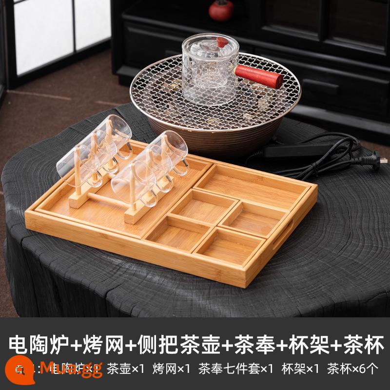 Net Red Boede Tea luộc nhà ở trong nhà nướng khoai lang - Bếp pha lê đen + vỉ nướng + ấm trà tay cầm + khay đựng trà + giá để cốc + tách trà