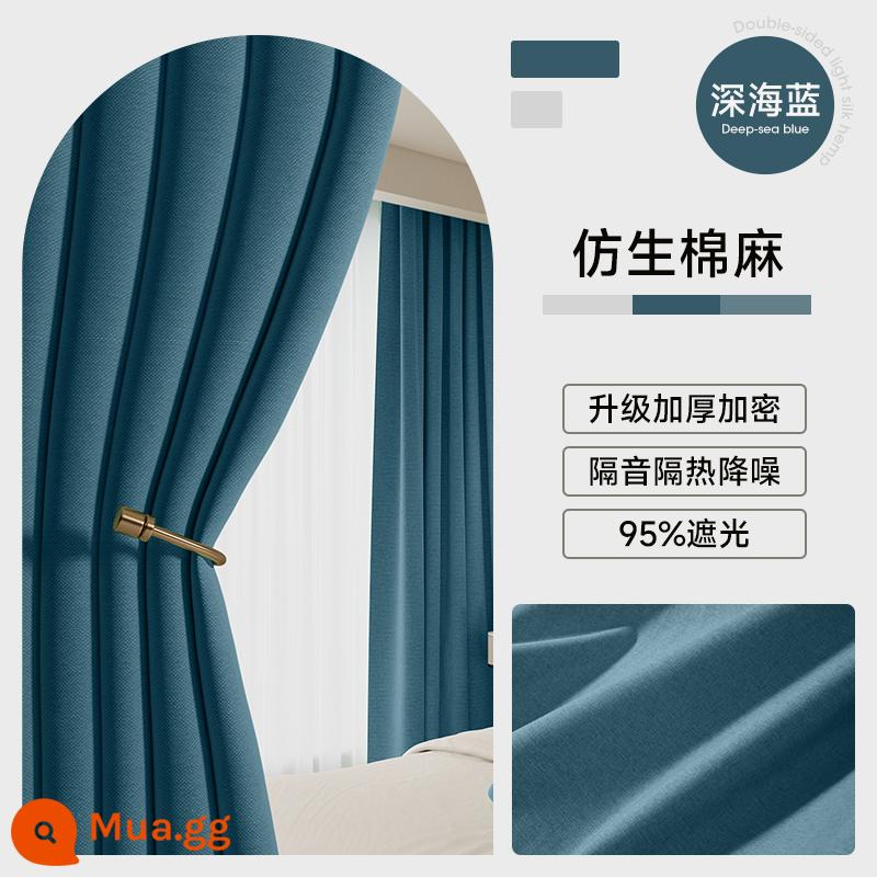 Rèm full che nắng che nắng phòng ngủ 2022 mẫu mới cách nhiệt che nắng phòng khách loại móc 100 BNM đục - Vải lanh hai mặt lụa nhẹ màu xanh biển đậm