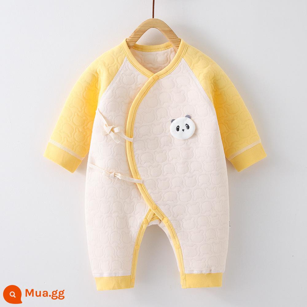 Mùa Thu Đông Quần Áo Sơ Sinh 3 Lớp Ấm Áp Cho Bé Jumpsuit Kẹp Cotton Lụa Tiger Áo Liền Quần Không Xương Bộ Đồ Ngủ - gấu trúc màu vàng