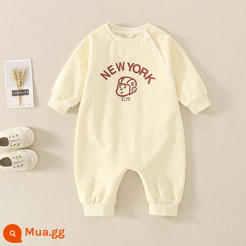 Bộ áo liền quần mùa xuân và mùa thu cho bé cotton nguyên chất quần áo sơ sinh trẻ sơ sinh áo liền quần dài tay đi ra ngoài quần áo chui đầu tập bò quần áo - màu trắng kem