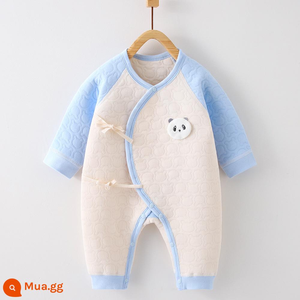 Mùa Thu Đông Quần Áo Sơ Sinh 3 Lớp Ấm Áp Cho Bé Jumpsuit Kẹp Cotton Lụa Tiger Áo Liền Quần Không Xương Bộ Đồ Ngủ - gấu trúc màu xanh