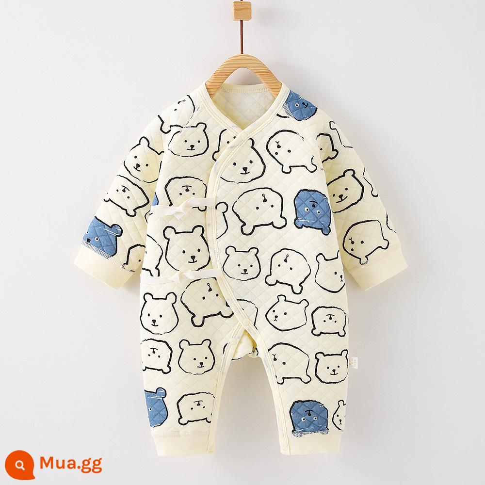 Mùa Thu Đông Quần Áo Sơ Sinh 3 Lớp Ấm Áp Cho Bé Jumpsuit Kẹp Cotton Lụa Tiger Áo Liền Quần Không Xương Bộ Đồ Ngủ - gấu xanh