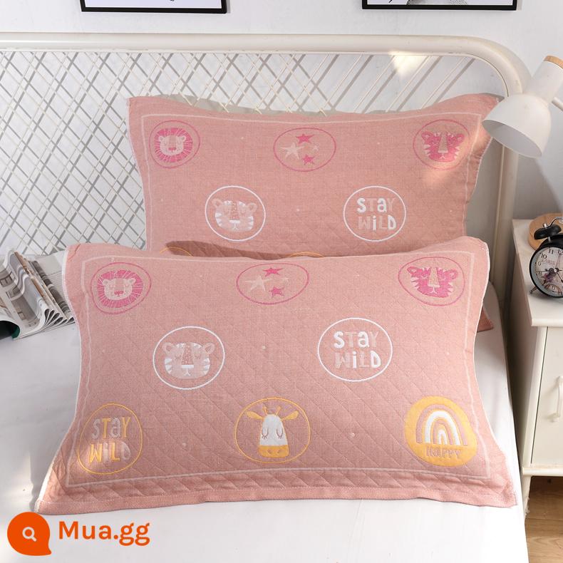 Khăn gối cotton nguyên chất cotton gạc dày vài gối đầu khăn một đôi người lớn Plus bốn mùa gối đơn bao khăn - Zoo hồng 1 đôi