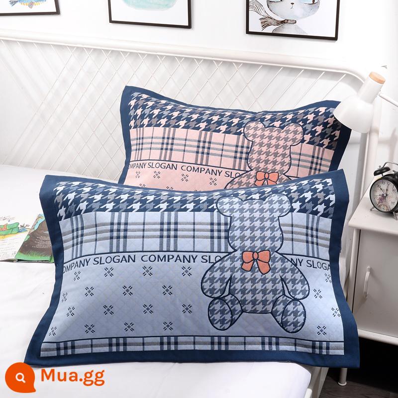 Vỏ gối bằng gạc bông nguyên chất một cặp vỏ gối bằng cotton dày và to đầy đủ Vỏ gối cho người lớn thấm mồ hôi và thoáng khí - Gấu Bailey [Xanh + Hồng] (cặp)