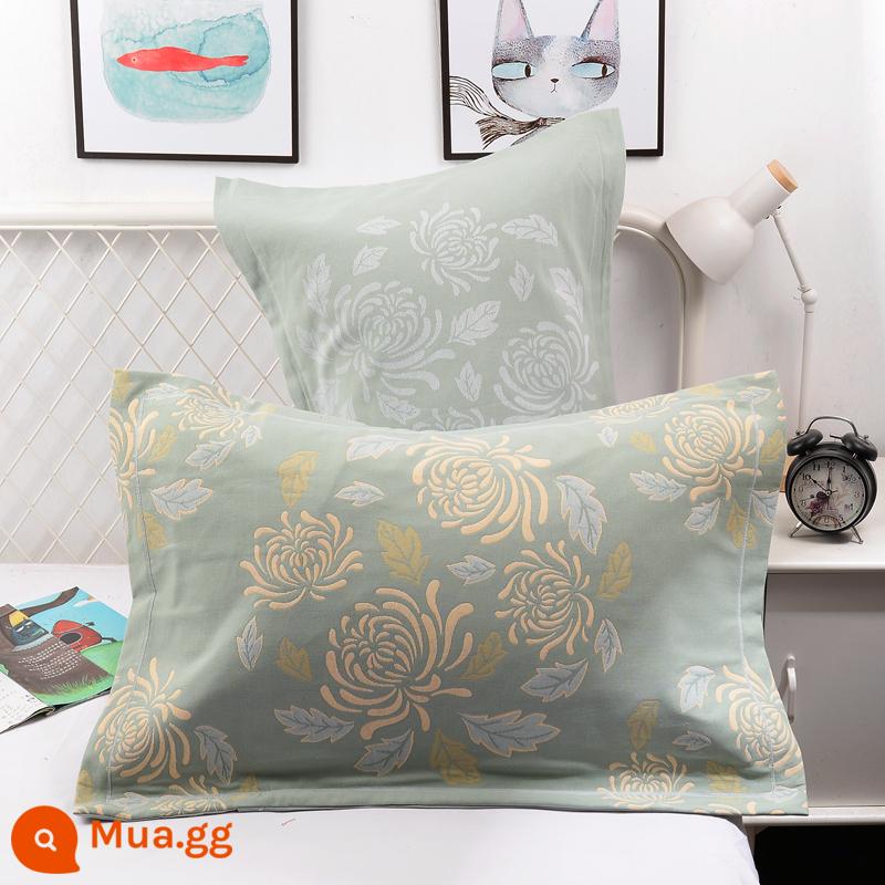 Vỏ gối bằng gạc bông nguyên chất một cặp vỏ gối bằng cotton dày và to đầy đủ Vỏ gối cho người lớn thấm mồ hôi và thoáng khí - Cúc xanh mùa hè (cặp)