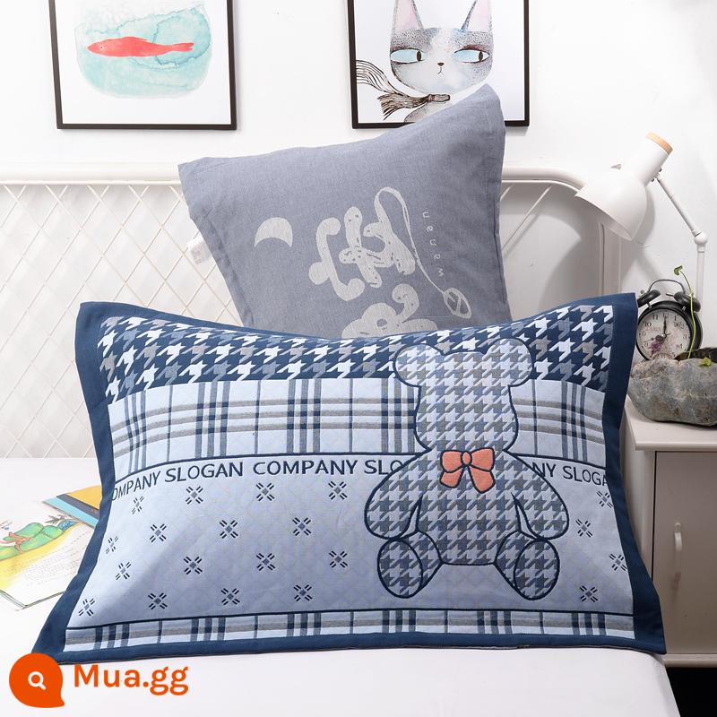 Vỏ gối bằng gạc bông nguyên chất một cặp vỏ gối bằng cotton dày và to đầy đủ Vỏ gối cho người lớn thấm mồ hôi và thoáng khí - Bailey Bear Xanh (cặp)