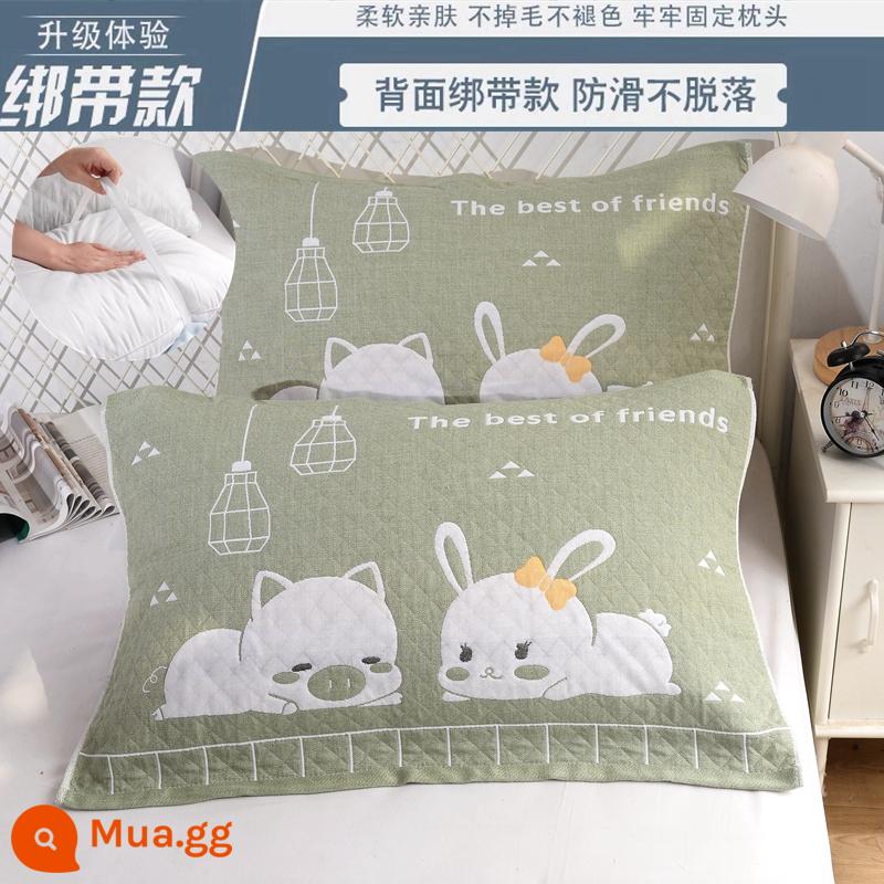 Khăn gối cotton nguyên chất cotton gạc dày vài gối đầu khăn một đôi người lớn Plus bốn mùa gối đơn bao khăn - [Dây đeo] 1 đôi thú cưng màu xanh lá cây dễ thương