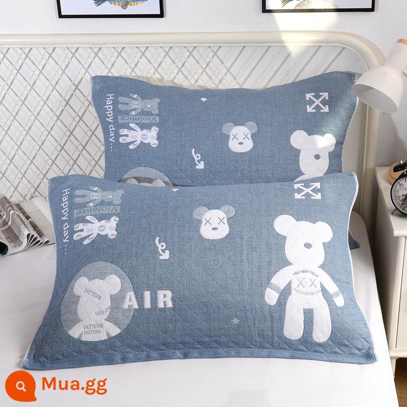 Khăn gối cotton nguyên chất cotton gạc dày vài gối đầu khăn một đôi người lớn Plus bốn mùa gối đơn bao khăn - 1 đôi màu xanh gấu mạnh mẽ