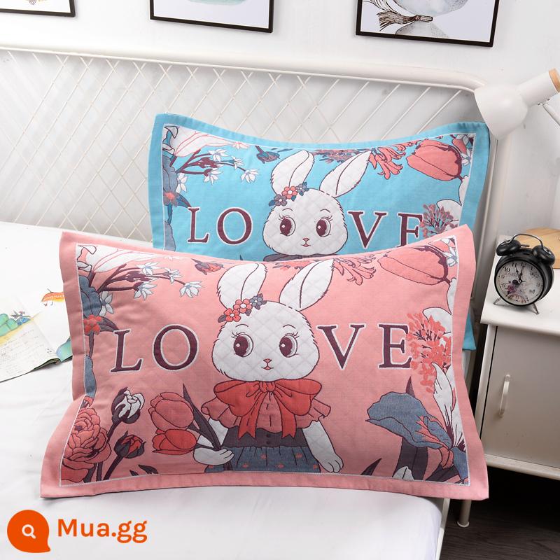 Vỏ gối bằng gạc bông nguyên chất một cặp vỏ gối bằng cotton dày và to đầy đủ Vỏ gối cho người lớn thấm mồ hôi và thoáng khí - Thỏ Yêu [Xanh + Hồng] (cặp)