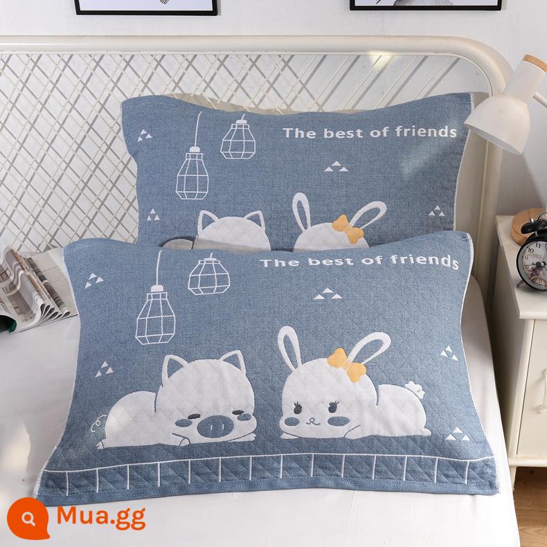 Khăn gối cotton nguyên chất cotton gạc dày vài gối đầu khăn một đôi người lớn Plus bốn mùa gối đơn bao khăn - 1 đôi thú cưng màu xanh dễ thương