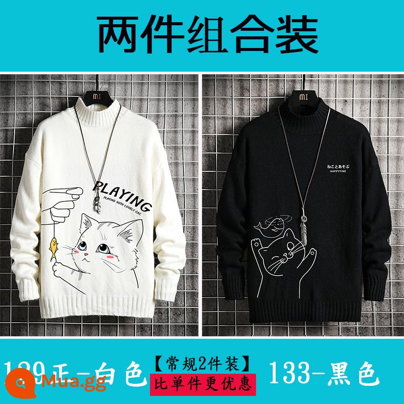 Nam nửa áo len cao cổ Plus nhung dày quần áo mùa đông học sinh size lớn áo len cashmere ấm áp áo len nam mùa thu đông - 129 trắng tinh + 133 đen