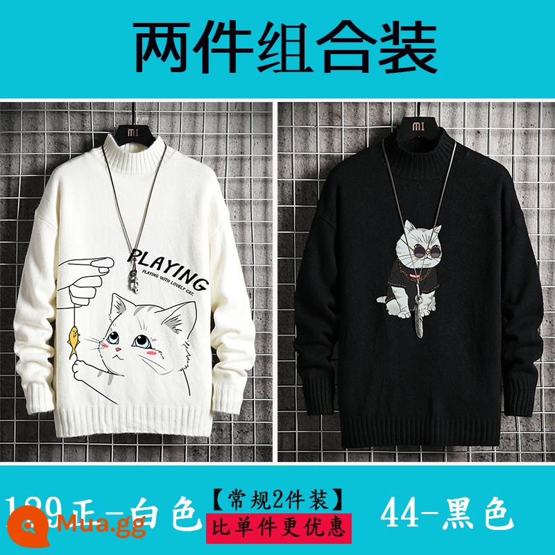 Nam nửa áo len cao cổ Plus nhung dày quần áo mùa đông học sinh size lớn áo len cashmere ấm áp áo len nam mùa thu đông - 129 màu trắng tinh khiết + 44-đen