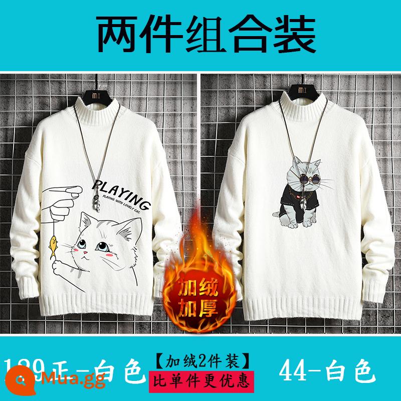 Nam nửa áo len cao cổ Plus nhung dày quần áo mùa đông học sinh size lớn áo len cashmere ấm áp áo len nam mùa thu đông - Nhung 129 trắng tinh khiết + 44 trắng