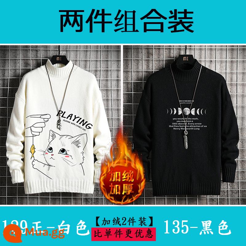 Nam nửa áo len cao cổ Plus nhung dày quần áo mùa đông học sinh size lớn áo len cashmere ấm áp áo len nam mùa thu đông - Nhung 129 trắng tinh + 135 đen