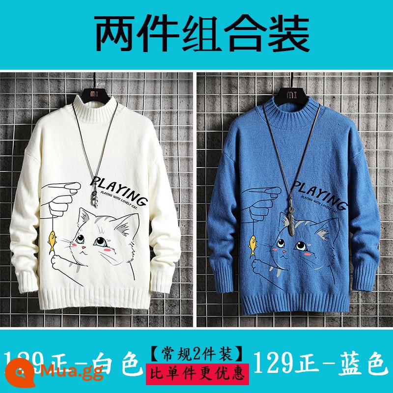 Nam nửa áo len cao cổ Plus nhung dày quần áo mùa đông học sinh size lớn áo len cashmere ấm áp áo len nam mùa thu đông - 129 Màu Trắng Thật + 129 Màu Xanh Thật