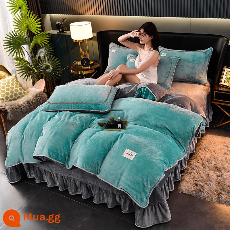 Mùa đông rắn -màu velvet velvet bốn tấm nhung nhung nhung vạt vạt vạt lai tấm được đặt trên giường của 4 miếng - Xanh da trời + xám nhạt-M [gói chống rụng tóc chống tĩnh điện dành cho bà mẹ và trẻ sơ sinh]