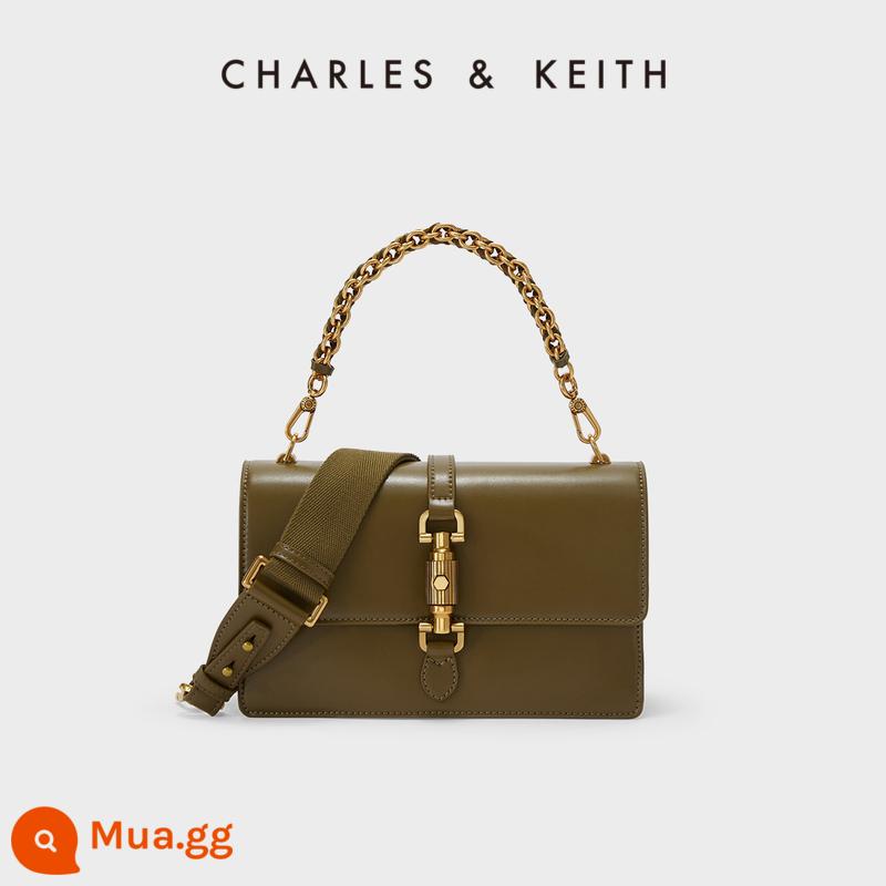 Túi xách nữ mùa thu CHARLES & KEITH CK2-20671271 Túi xách nữ hình vuông nhỏ sơn dầu Túi đeo vai di động Túi Messenger - Ô liu xanh ô liu