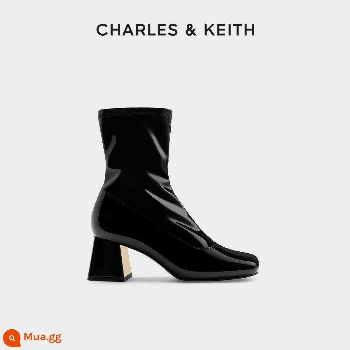 Giày Bốt Nữ CHARLES&KEITH Thu Đông CK1-90580175 Giày Bốt Mũi Vuông Dày Gót Dây Kéo Co Giãn Ôm Giày Bốt Dành Cho Nữ - Bằng sáng chế màu đenMàu đen