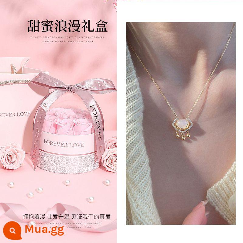 S999 sterling silver wishful khóa an toàn vòng cổ ánh sáng sang trọng niche trắng chalcedony tuổi thọ khóa cho bạn gái món quà sinh nhật cô gái - [S999 Bạc nguyên chất Vàng nhạt] Vòng cổ khóa hòa bình★ Hộp quà hoa hồng