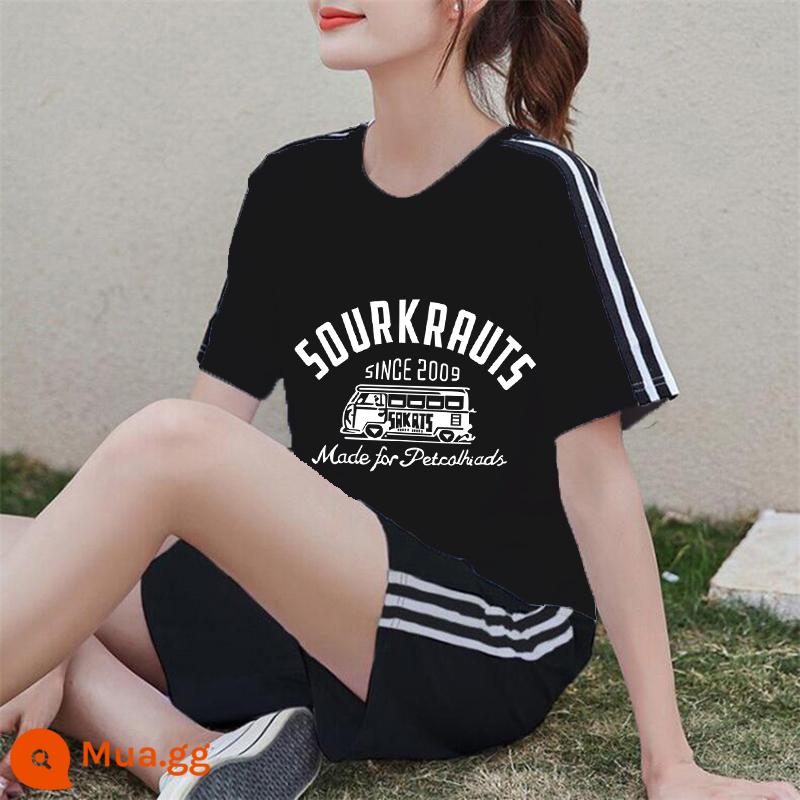 Áo thun ngắn tay + quần short cotton nguyên chất giản dị Bộ đồ thể thao nữ mùa hè 2022 bộ đồ hai mảnh thời trang mới hợp thời trang - Bộ đồ màu đen XY534