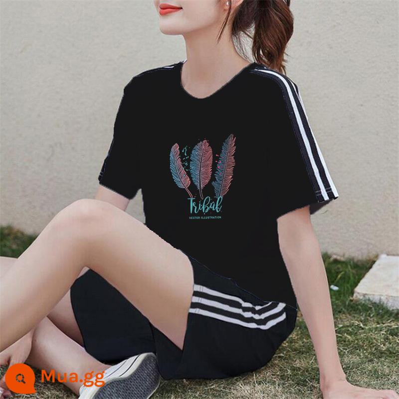 Áo thun ngắn tay + quần short cotton nguyên chất giản dị Bộ đồ thể thao nữ mùa hè 2022 bộ đồ hai mảnh thời trang mới hợp thời trang - Bộ đồ màu đen XY473