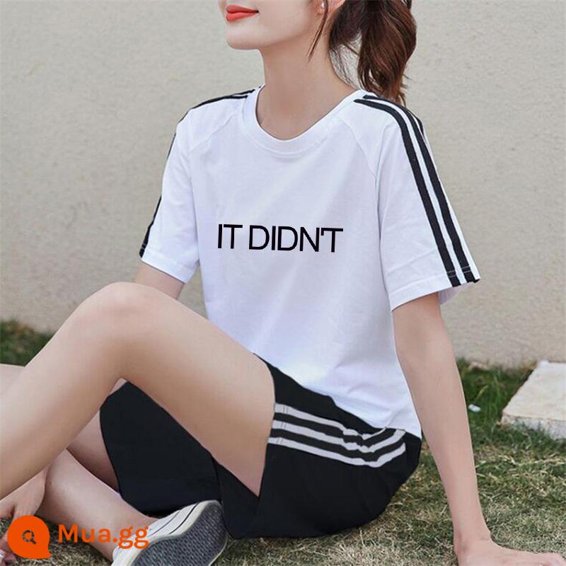 Áo thun ngắn tay + quần short cotton nguyên chất giản dị Bộ đồ thể thao nữ mùa hè 2022 bộ đồ hai mảnh thời trang mới hợp thời trang - Bộ đồ trắng đen XY547