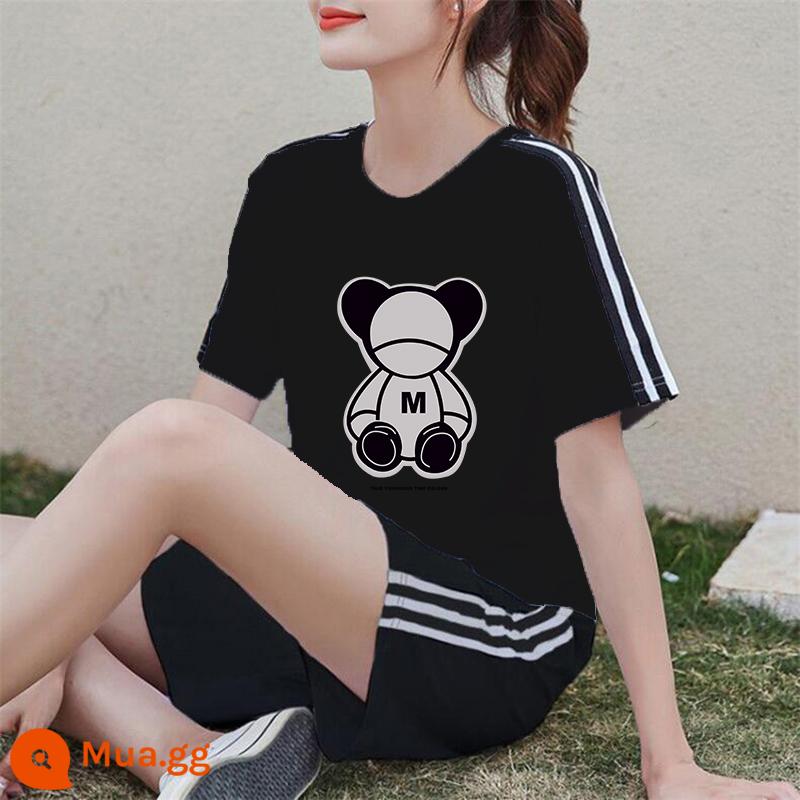 Áo thun ngắn tay + quần short cotton nguyên chất giản dị Bộ đồ thể thao nữ mùa hè 2022 bộ đồ hai mảnh thời trang mới hợp thời trang - Bộ vest đen XY535