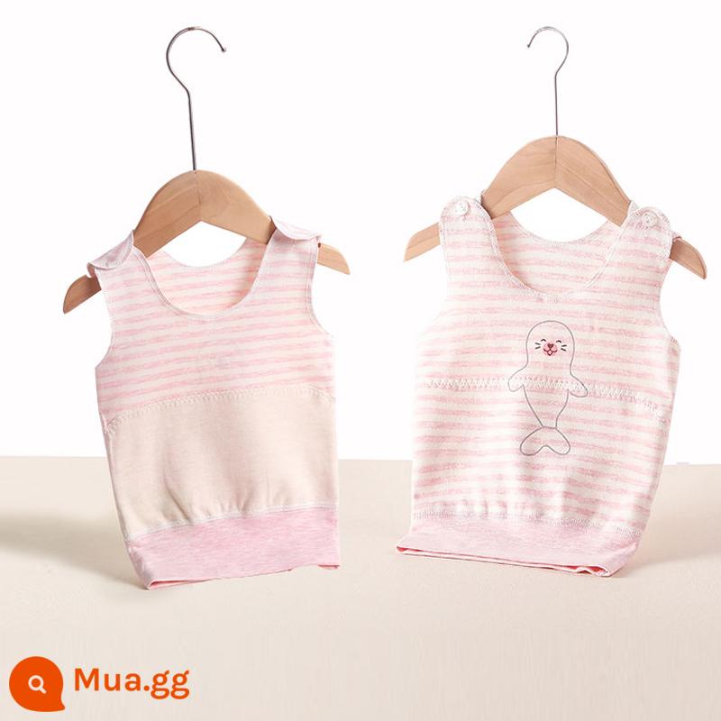 Áo bảo vệ bụng bé, áo mùa thu đông cotton nguyên chất mùa xuân và mùa thu cho bé, nam và nữ, đồ lót cho trẻ sơ sinh, phong cách mùa đông cho trẻ sơ sinh và trẻ mới biết đi - Sư tử biển sọc hồng (bảo vệ bụng 1 mảnh 2 lớp)