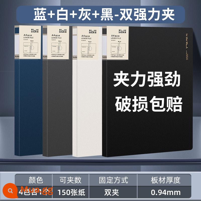 Kẹp file mạnh mẽ A4 kẹp đôi mạnh mẽ đồ dùng văn phòng hoàn thiện và lưu trữ hồ sơ kẹp đôi kẹp cố định kẹp giấy kiểm tra lưu trữ và hoàn thiện hiện vật học sinh với cặp hồ sơ đa chức năng New Race - Gói 4 chiếc [Đen + Trắng + Xám + Xanh] Kẹp nguồn đôi