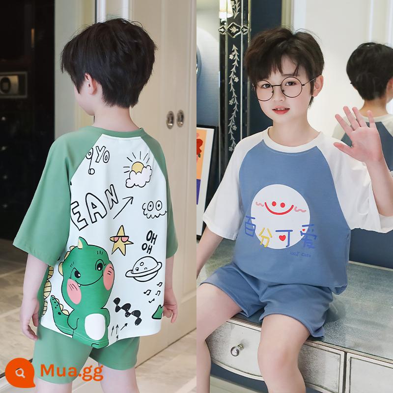 Cotton Trẻ Em Bộ Đồ Ngủ Bé Trai Mùa Hè Phần Mỏng Hoạt Hình Cậu Bé Khủng Long Tay Ngắn Cho Bé Phục Vụ Tại Nhà 2 Bộ Đồ - Khủng long nhỏ + dễ thương 100% [hai bộ]