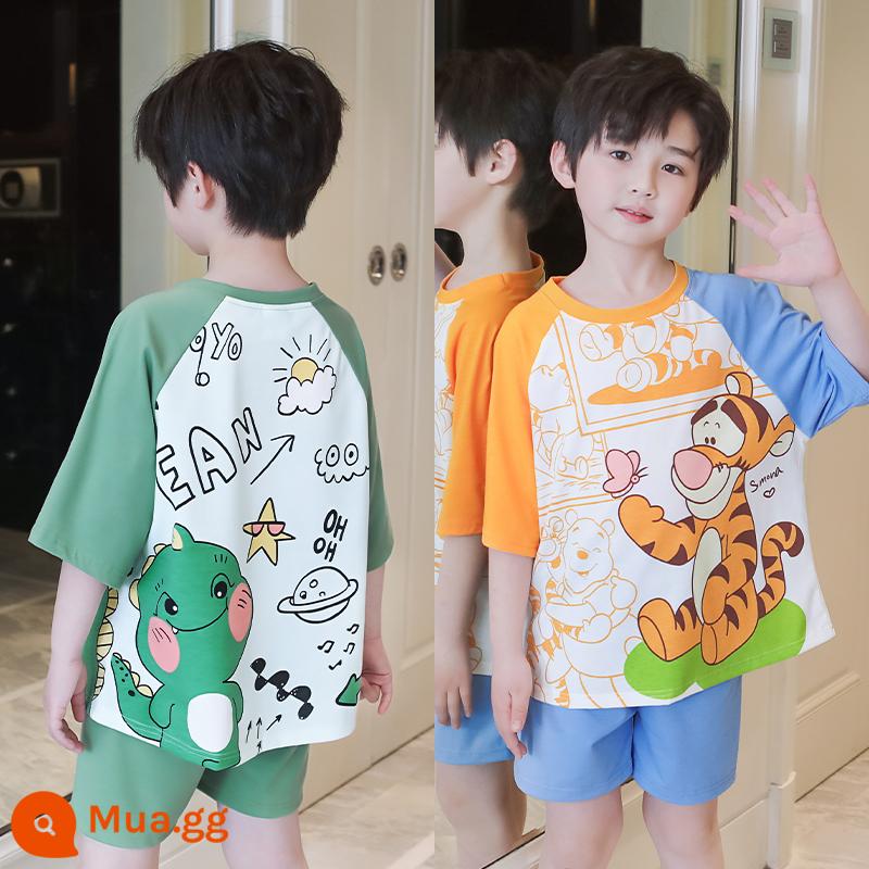 Cotton Trẻ Em Bộ Đồ Ngủ Bé Trai Mùa Hè Phần Mỏng Hoạt Hình Cậu Bé Khủng Long Tay Ngắn Cho Bé Phục Vụ Tại Nhà 2 Bộ Đồ - Khủng Long Nhỏ + Hổ [Hai Bộ]