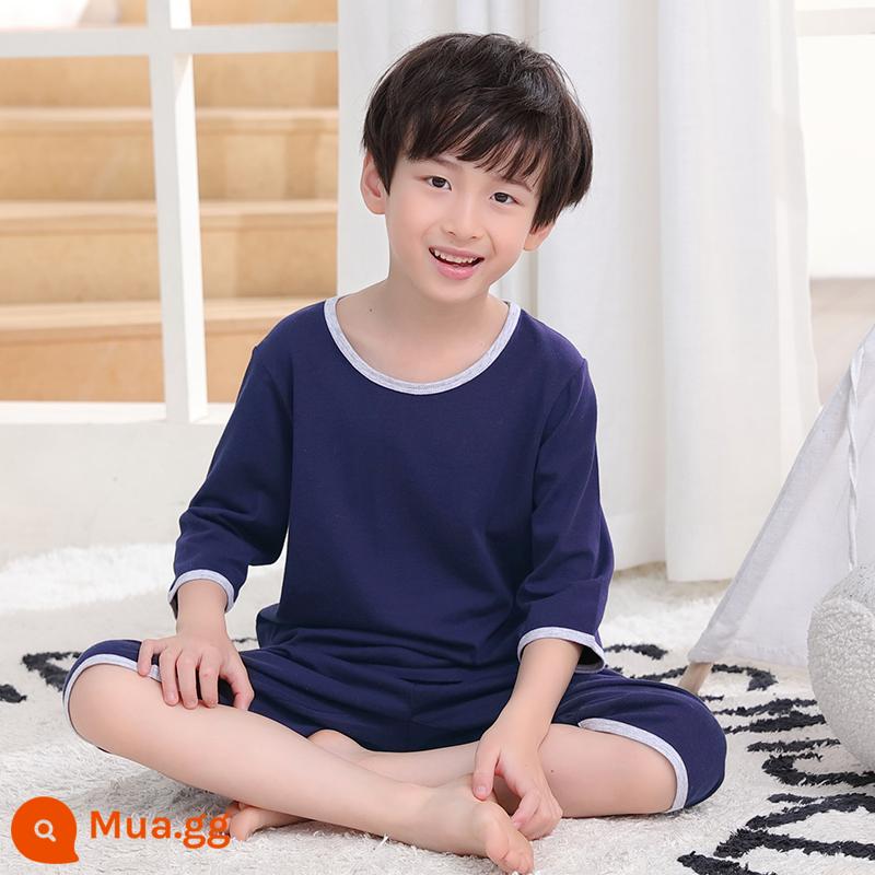 Mèo Người Đồ Ngủ Trẻ Em Bé Trai Mùa Hè Phần Mỏng Ngắn Tay Cotton Nguyên Chất Lớn Điều Hòa Quần Áo Ở Nhà Bộ Quần Áo Cotton - Màu xanh navy đậm [100% cotton, mềm mại và thân thiện với da]