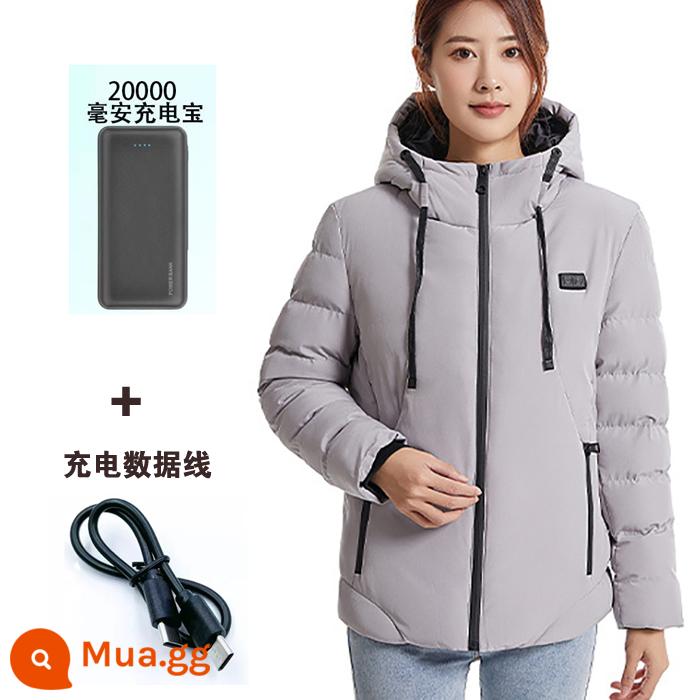 Mùa đông sạc thông minh sưởi ấm áo khoác bông áo khoác xuống quần áo cotton chống lạnh ấm kiểm soát nhiệt độ sưởi ấm toàn bộ cơ thể quần áo cho nam và nữ - Áo Nữ Zone 11 Hot [Áo Xám] + 20.000 Sạc Di Động + Cáp Sạc