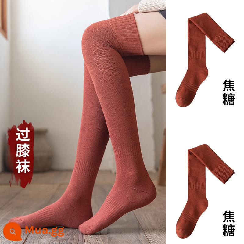 Quần legging Nhật Bản vớ nữ mùa thu và mùa đông dài qua đầu gối Tất cao Nhật Bản vớ bong bóng ấm bước chân vớ dài - [Tất dài trên đầu gối Terry] Caramel 2