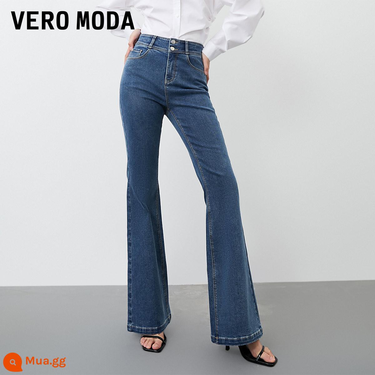 Quần jean Vero Moda 2023 đầu mùa xuân mới phong cách cổ điển eo cao màu đen quần ống loe ôm vừa vặn cho nữ▲ - J3B Denim Xanh-A